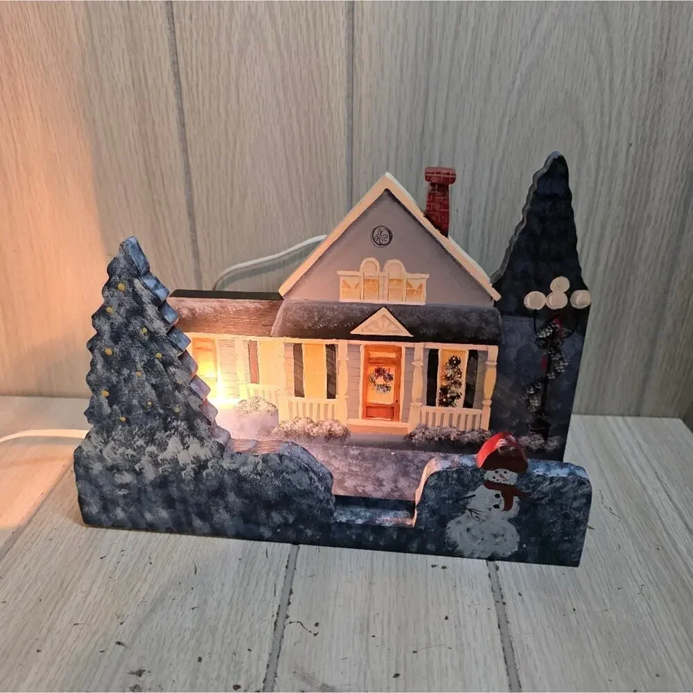 Vtg Handcrafted/Painted Holiday House Night Light Decor Blue White Snow Scene